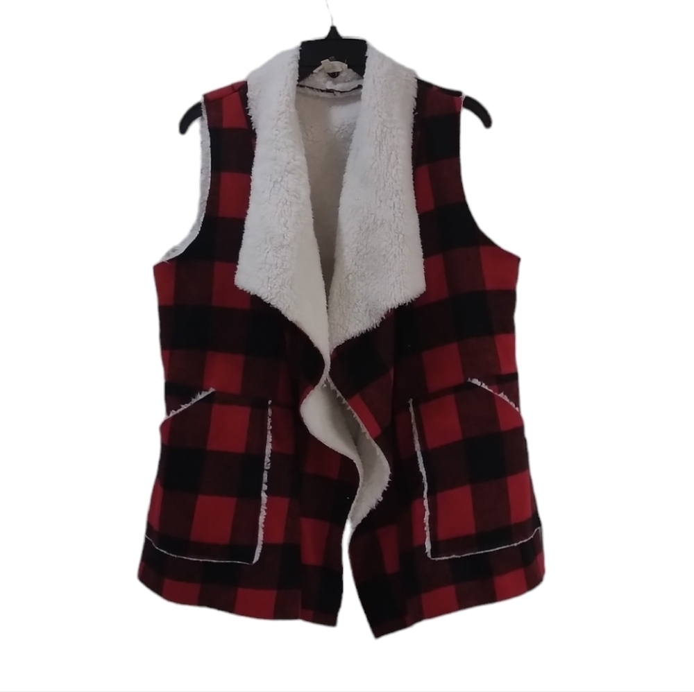 Entro Red And Black Western Sleeveless Fur Bohemian Cardigan Size M